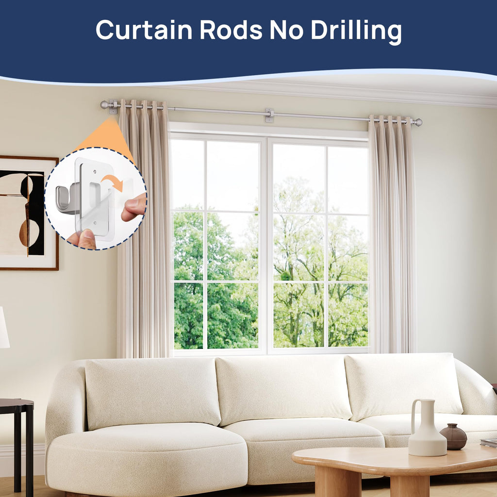 ENJOYBASICS No Drill Curtain Rods for Window 28 to 47 Inches, 5/8 Inch Diameter Renter Friendly Drapery Rod with Adhesive Brackets without Drilling, Adjustable from 27 to 52 Inches, Black