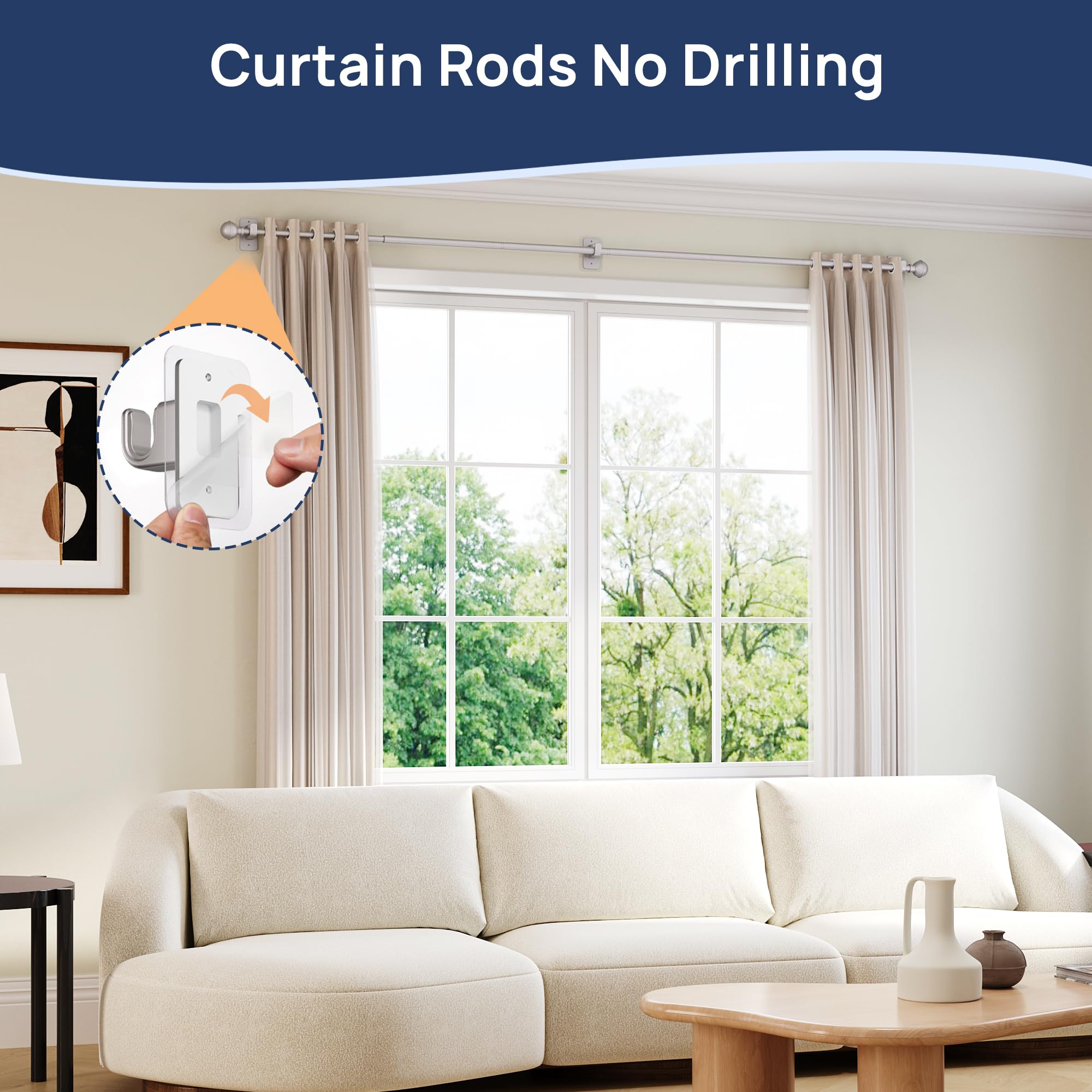 ENJOYBASICS No Drill Curtain Rods for Window 28 to 47 Inches, 5/8 Inch Diameter Renter Friendly Drapery Rod with Adhesive Brackets without Drilling, Adjustable from 27 to 52 Inches, Black
