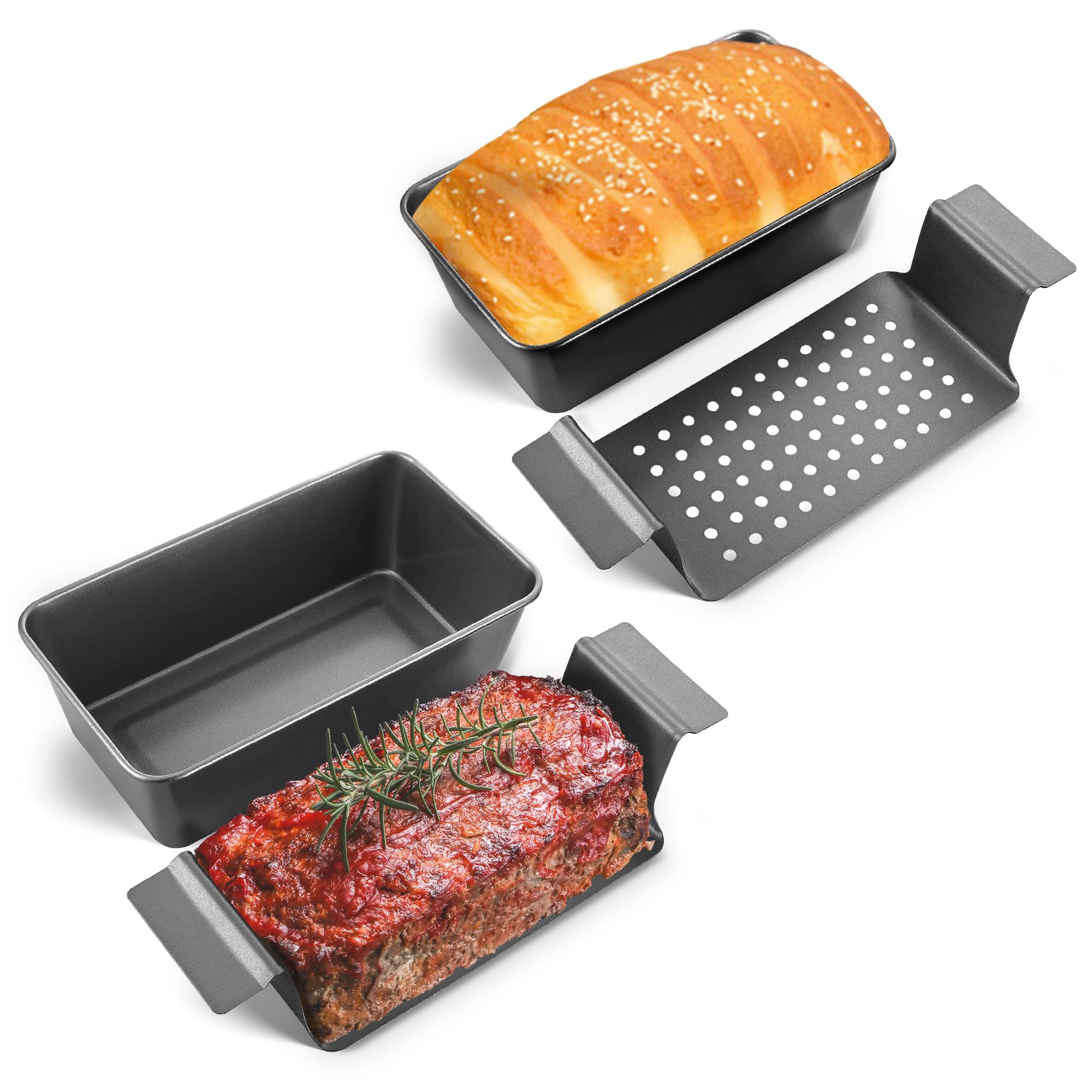 HONGBAKE Meatloaf Pan with Drain Tray, 9 x 5 Inches Loaf Pans with Insert, Nonstick Meat Loaf for Baking, Reduce the Fat and Kick Up the Flavor, Grey
