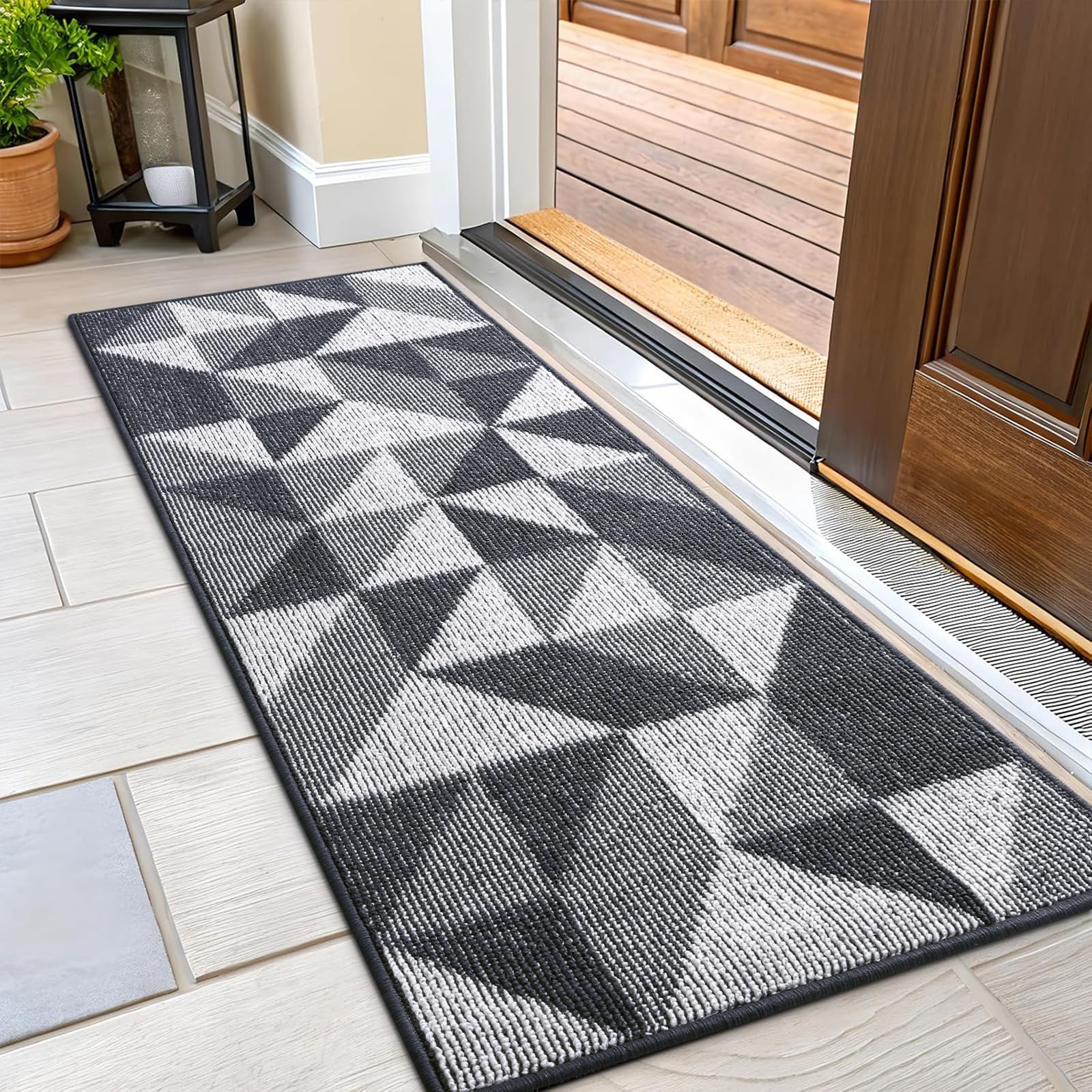 OLANLY Door Mat Indoor Entrance Washable 32x20, Odor-Free Low-Profile Front Back Geometric Doormat, Absorbent Resist Dirt Entry Carpet, Easy to Clean Sturdy Inside Floor Mats for Entryway, Black