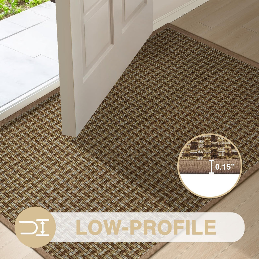 LEKEEPGO Ultra Thin Indoor Door Mat 17"x29", Low-Profile Door Mat Indoor Entrance, Non Slip Rubber Backing Inside Doormat Washable Welcome Front Entryway Dirt Trapper Entry Mat, Khaki
