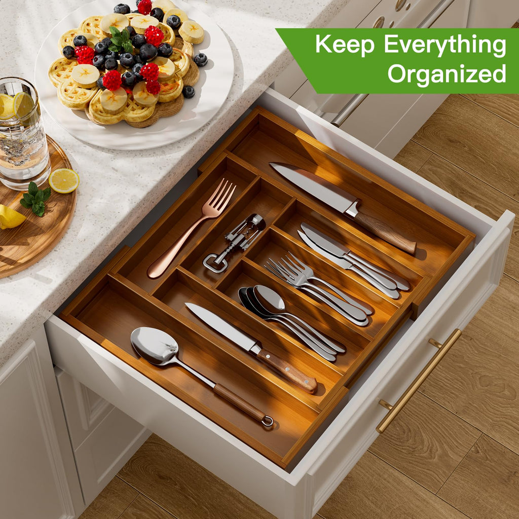 Pipishell Bamboo Expandable Silverware Drawer Organizer, Adjustable Kitchen Utensil Tray for Forks, Spoons and Knives, Wood Storage Cutlery Holder for Bedroom and Living Room