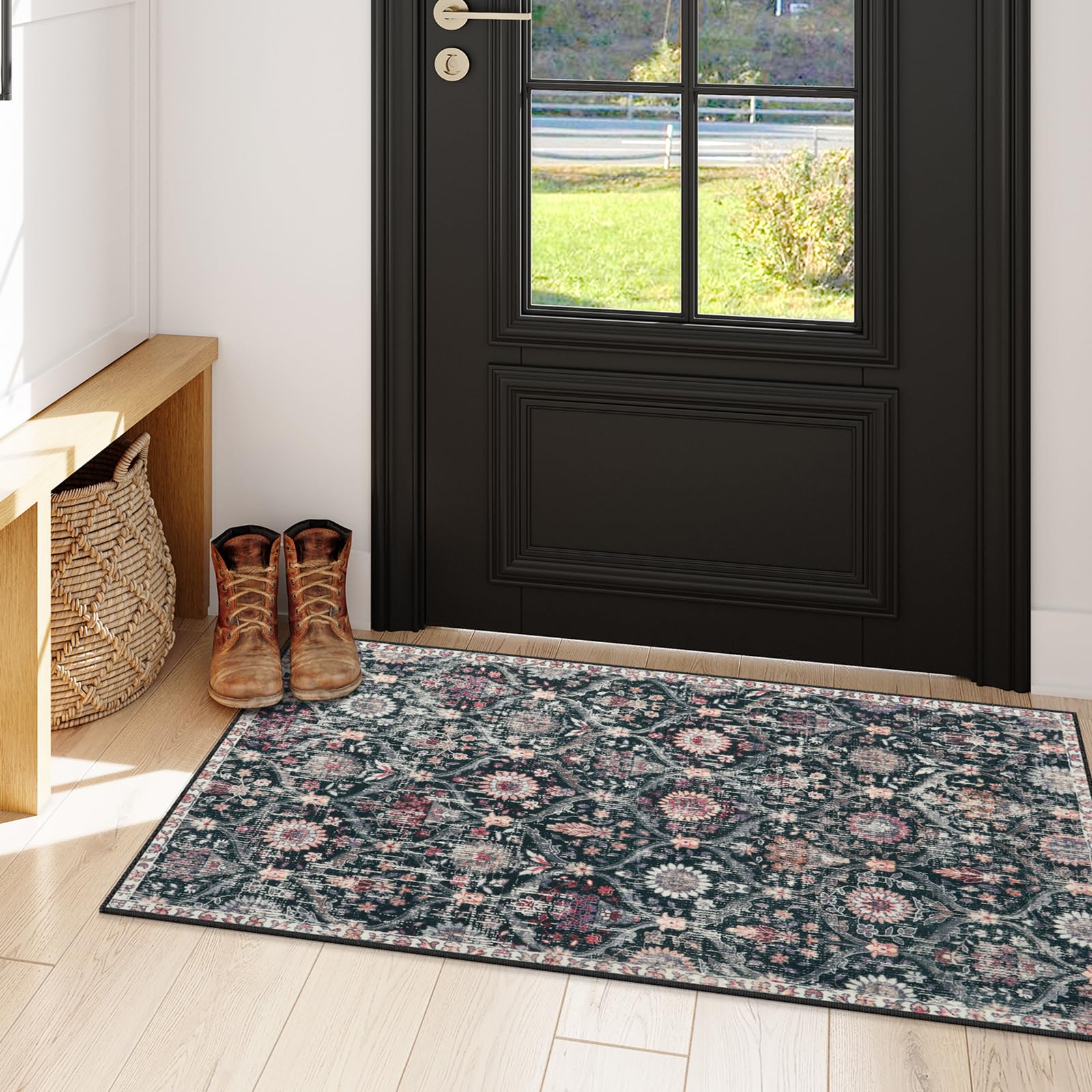 Lahome Moroccan Trellis Washable Rug, 2x3 Kitchen Rugs for Entryway Bathroom, Non-Slip Indoor Door Mat Ultra-Thin, Small Oriental Throw Carpet for Bedroom Entry Elise, Cream/Multi