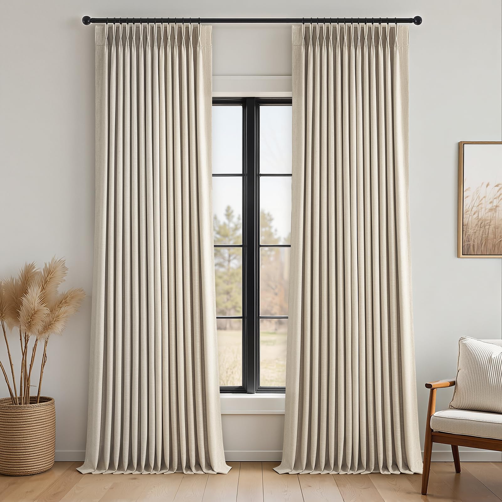 Topfinel 96 Inches Long Pinch Pleated 100% Blackout Curtains,Thermal Insulated Natural Linen Pinch Pleat Viral Drapes with Hooks Rings 2 Panel Sets,Neutral Beige Ivory 8FT Back Tab Window Curtains