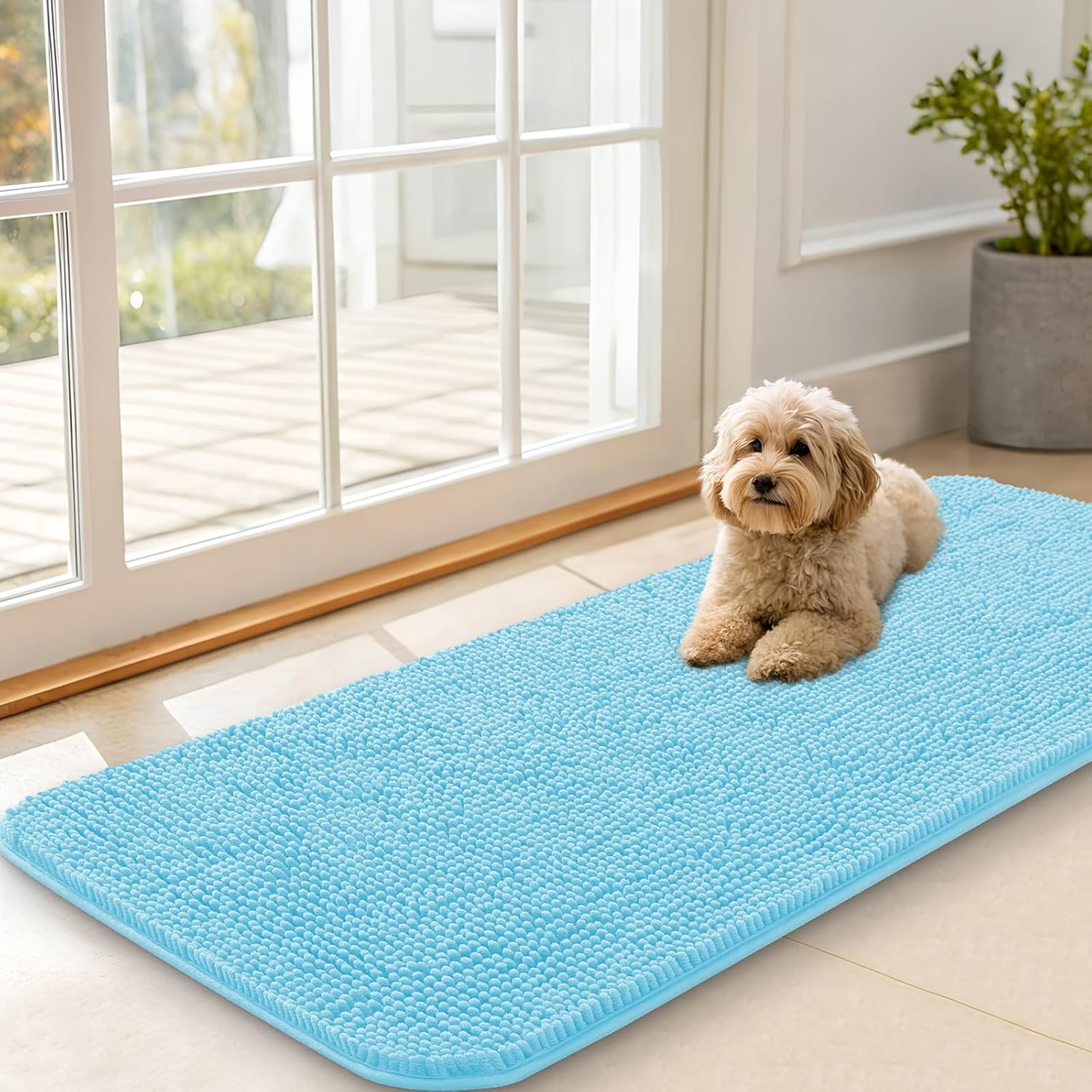 OLANLY Dog Door Mat for Muddy Paws 70x24, Absorbs Moisture and Dirt, Absorbent Non-Slip Washable Doormat, Quick Dry Chenille Mud Mat for Dogs, Entry Indoor Entryway Carpet for Inside Floor, Beige