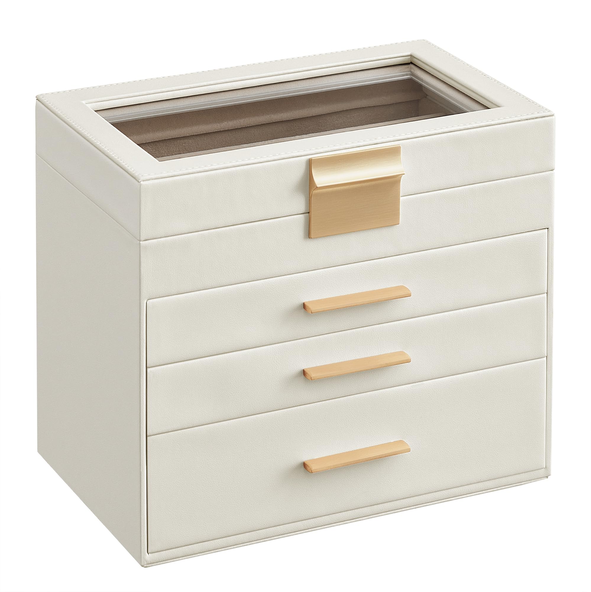 SONGMICS GISELLA Collection - Jewelry Box Organizer, 3-Layer Jewelry Storage with 2 Drawers, Shiny Metal Hardware, Glass Lid, Modern, 8 x 9.1 x 5.3 Inches, Cloud White and Gold Color UJBC239WT