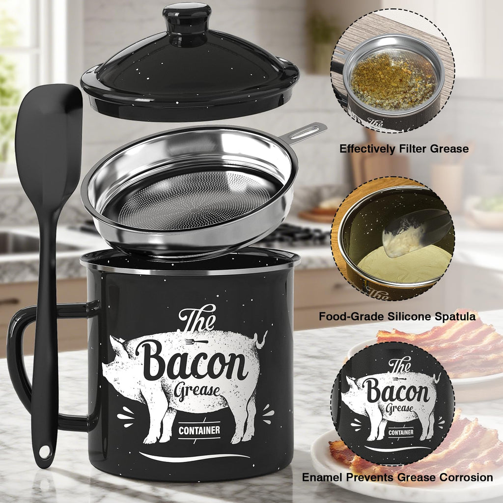 PGYARD Mini Bacon Grease Container With Strainer - 15OZ Enamel Grease Saver, Farmhouse Bacon Grease Keeper For Kitchen Fat Storage, Dishwasher Safe-Red