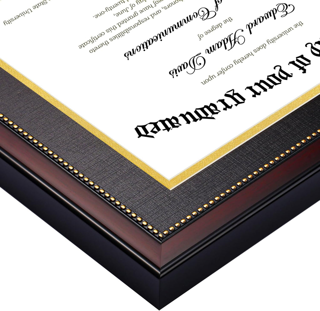 upsimples 11x14 Diploma Frame with High Definition Glass, Display 8.5x11 Certificate with Black over Gold Mat, Degree Document Frame for Wall and Tabletop, Mahogany with Gold Beads, 1 Pack