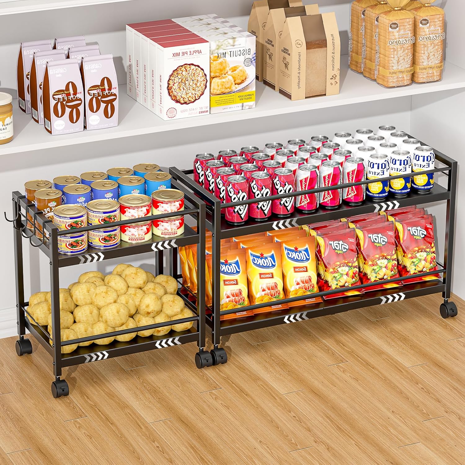 2-Tier 1 Pack Expandable Pantry Floor Organizer Cart, Rolling Pantry Storage Cart with Wheel, Adjustable Can Organizer for Kitchen Pantry, Pantry Shelves and Storage Rack for Snacks, Vegetables, Black