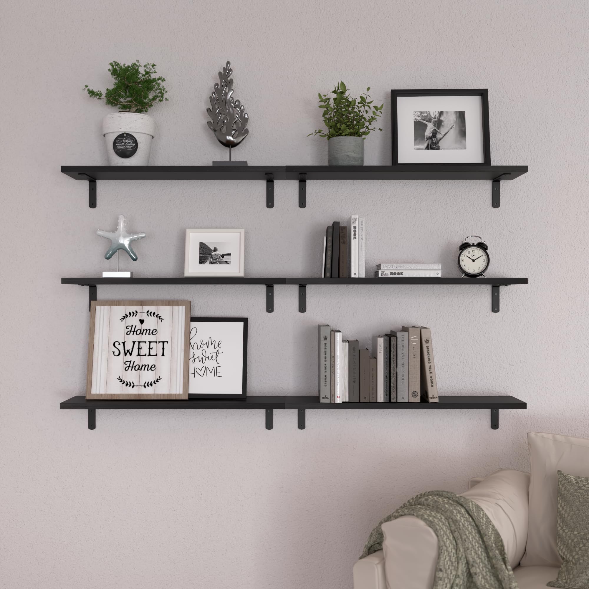 WOPITUES Wood Floating Shelves Set of 6, Shelves for Wall Decor, Farmhouse Shelf for Bedroom, Bathroom Storage Shelves, Book Shelves for Living Room - Rustic Brown