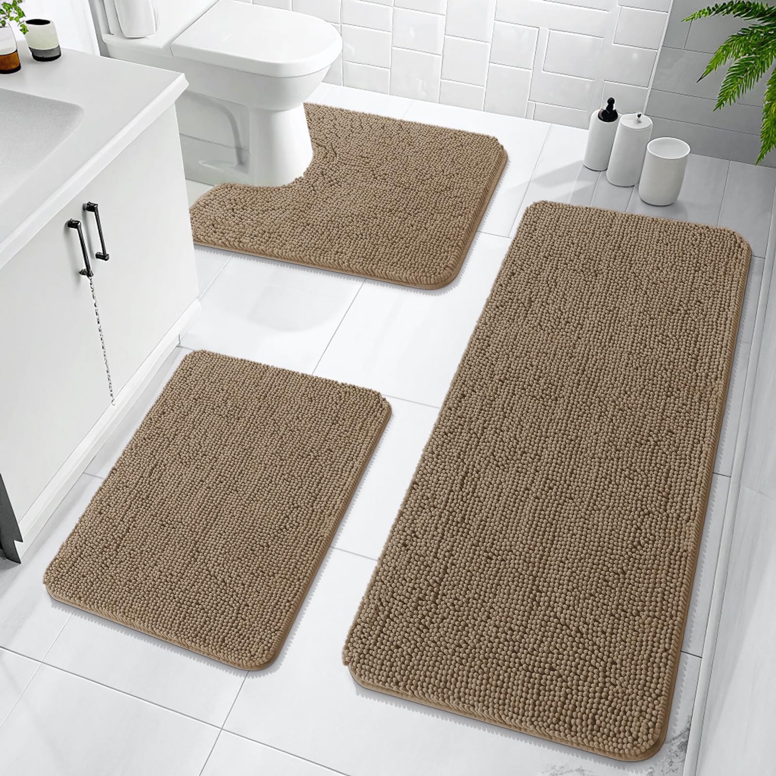 OLANLY Bathroom Rugs Sets 3 Piece, Soft Absorbent Chenille Bath Mats and U-Shaped Contour Toilet Rug, Quick Dry, Home Decor Accessories, Bath Mat Set for Bathroom (30"x20"+24"x16"+24"x20", Grey)