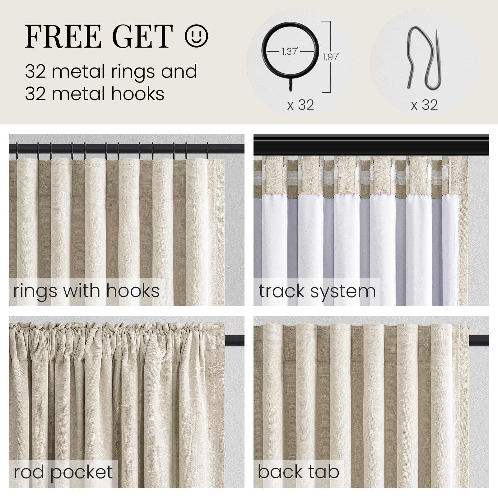 Topfinel 84 Inch Long Natural Blackout Curtains for Bedroom Livingroom, Farmhouse Back Tab Pinch Pleated Drapes for Track System,Neutral Linen Ambiance & Privacy Drapes Natural 52" W*84" L
