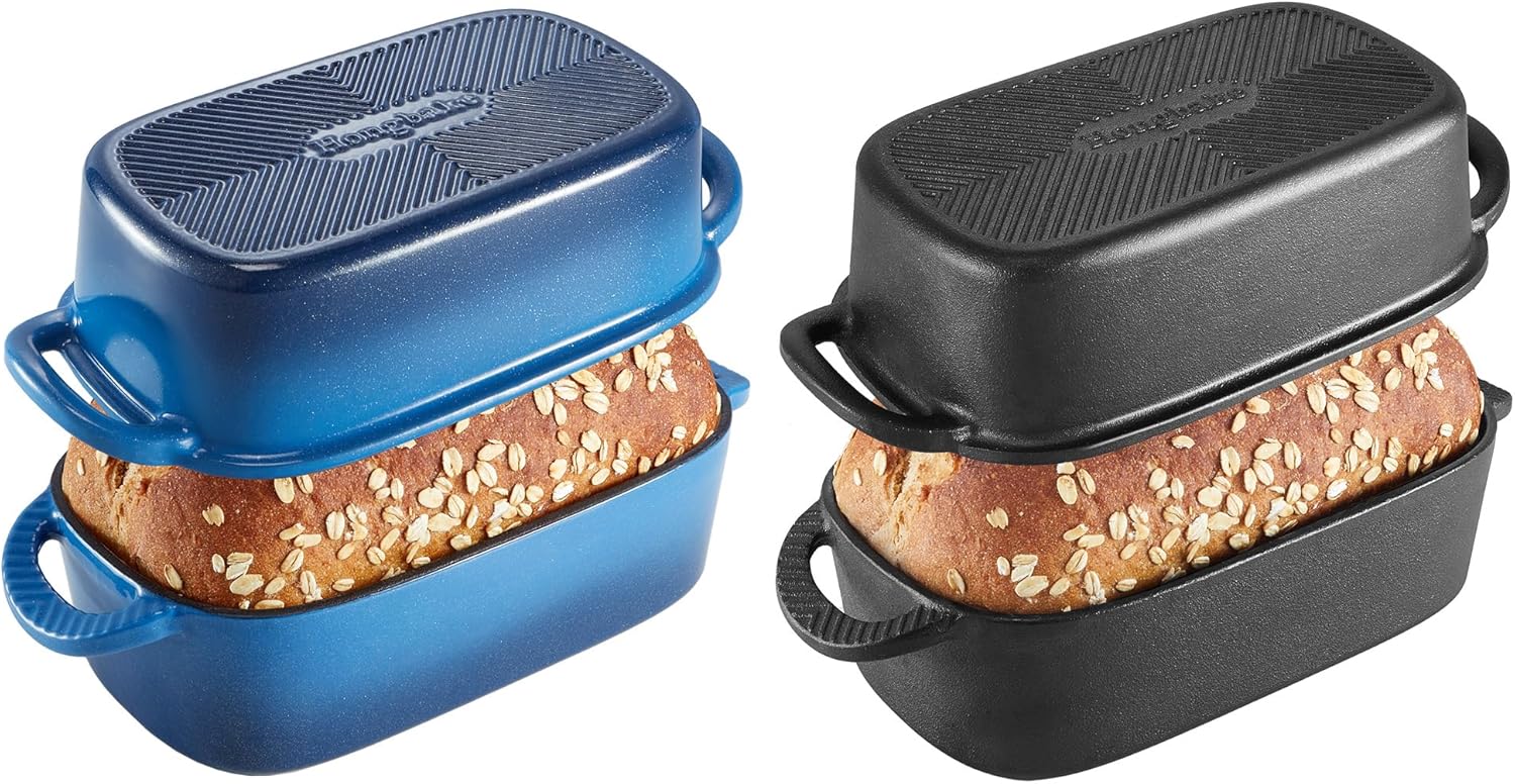 HONGBAKE Everline Collection 2 in 1 Cast Iron Loaf Pan with Lid & Enameled Cast Iron Loaf Pan