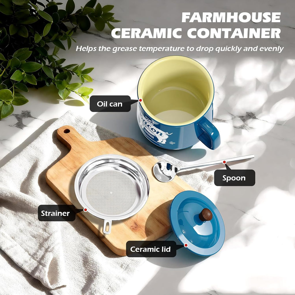 PGYARD Ceramic Bacon Grease Saver With Strainer - 23OZ Bacon Grease Container Farmhouse Keeper For Kitchen Fat Storage-Blue
