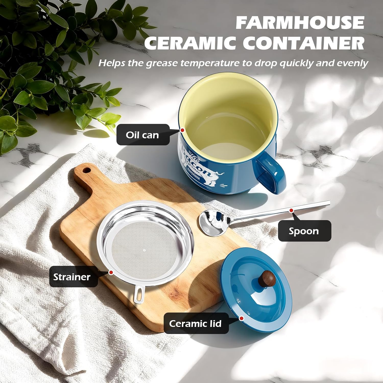 PGYARD Ceramic Bacon Grease Saver With Strainer - 23OZ Bacon Grease Container Farmhouse Keeper For Kitchen Fat Storage-Blue