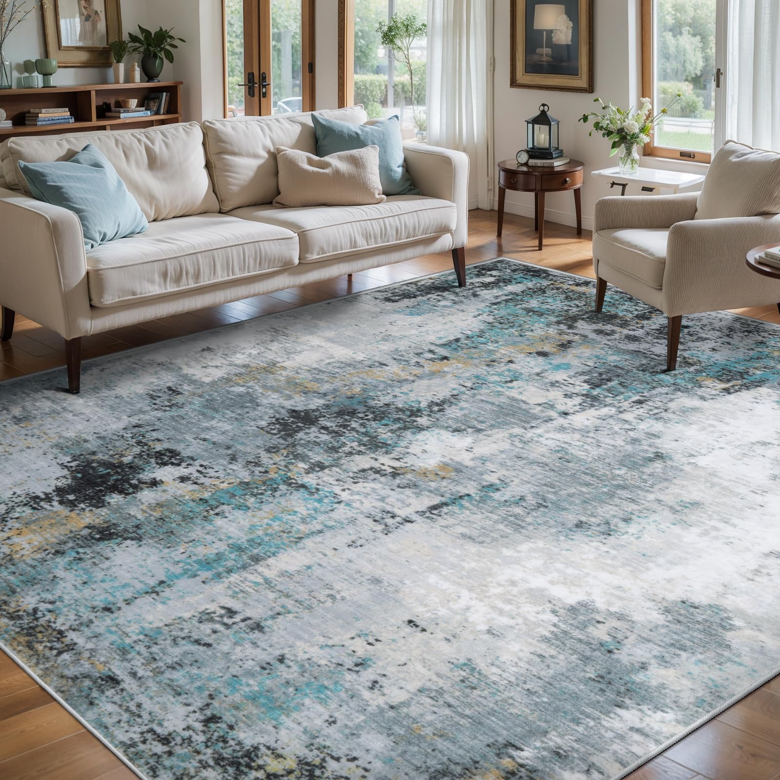 Ciicool Modern Abstract Area Rug 2x3 Washable Small Entryway Rug, Non-Slip Low Pile Throw Rug, Foldable Kitchen Bathroom Rugs, Blue Grey Floor Carpet for Entrance Living Room Bedroom Indoor Doormat