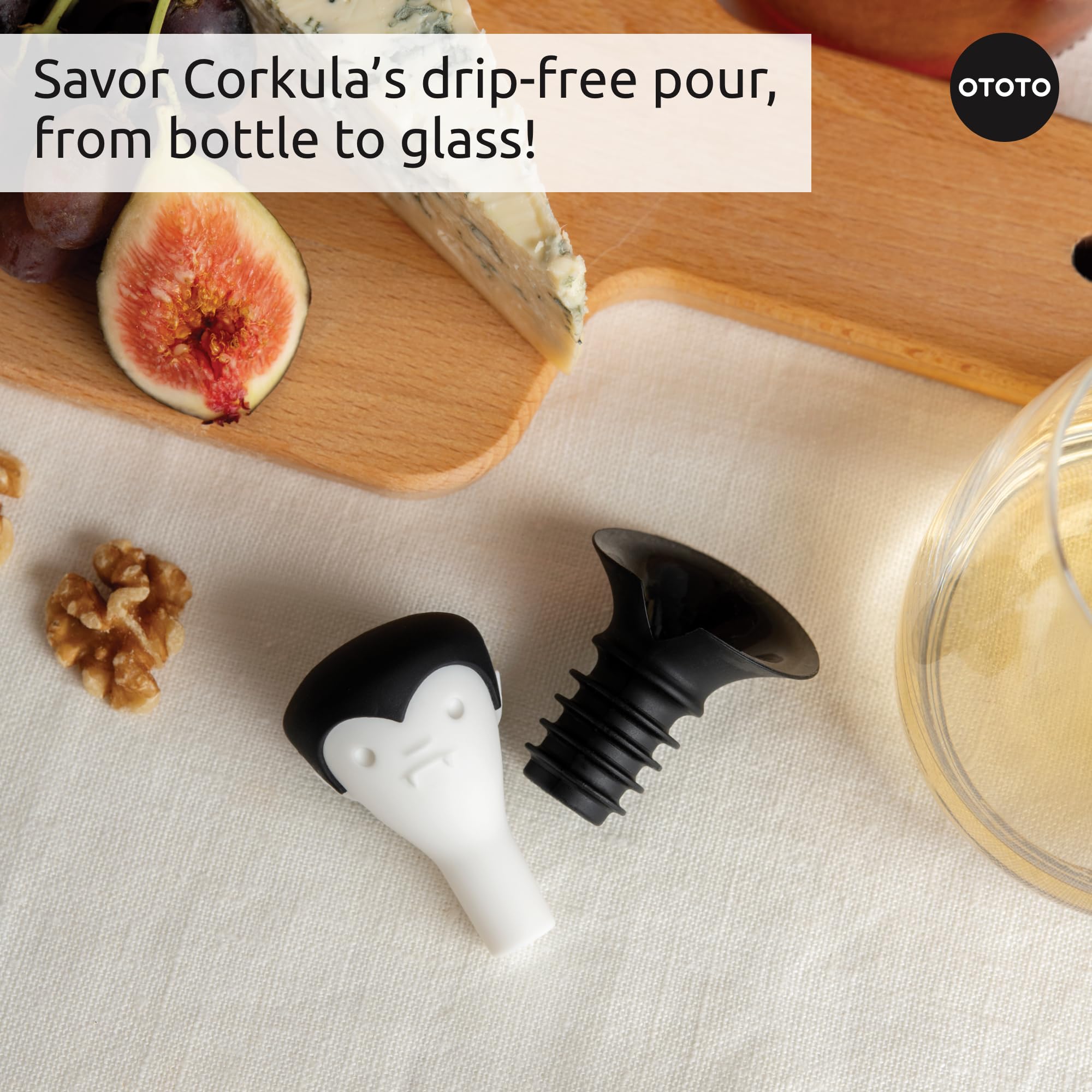 OTOTO Wine Stoppers & Pourer - Halloween Gifts for Wine Lovers, Spooky Wine Bottle Stopper, Wine Goth Accessories, Fun Kitchen Gadgets (Count Corkula)