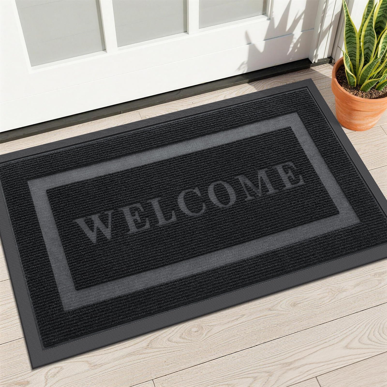 OLANLY Front Door Mat Outside Entrance 29.5x17, Absorbent, Heavy Duty Sturdy Natural Rubber Doormat Indoor Outdoor, Stain and Fade Resistant, Non-Slip Backing Low Profile Floor Mat for Entryway, Grey