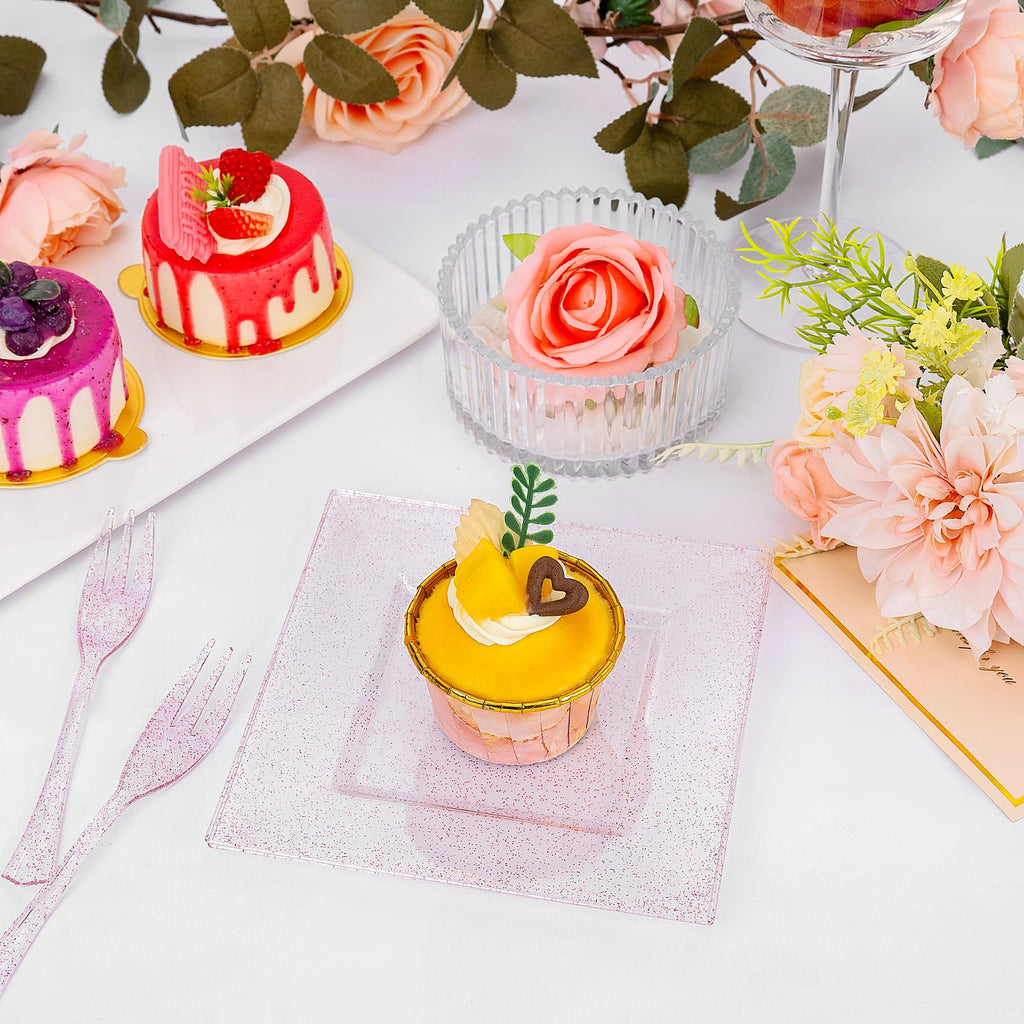 DaYammi 200Pcs Gold Dessert Plates Including 100Pcs Appetizer Plates 6",100Pcs Plastic Forks 5.7",Gold Glitter Plastic Square Plate for Party,Gold Salad Plate and Cake Forks for Party Wedding