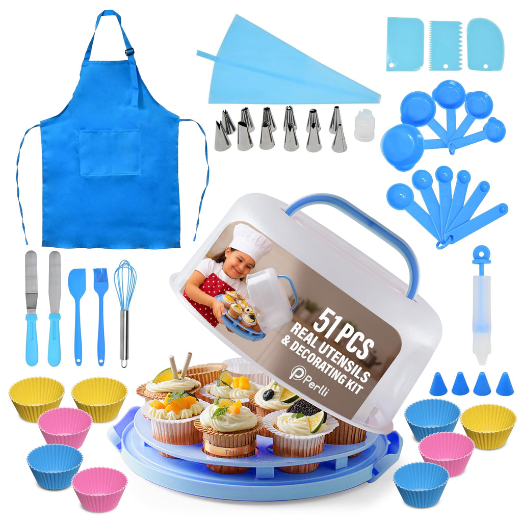 Perlli Kids Cake & Cupcake Baking Set – 51 Pieces Real Utensils & Decorating Kit with Carrier Safe Baking Supplies Gift for Junior Chefs Girls & Boys (Blue)