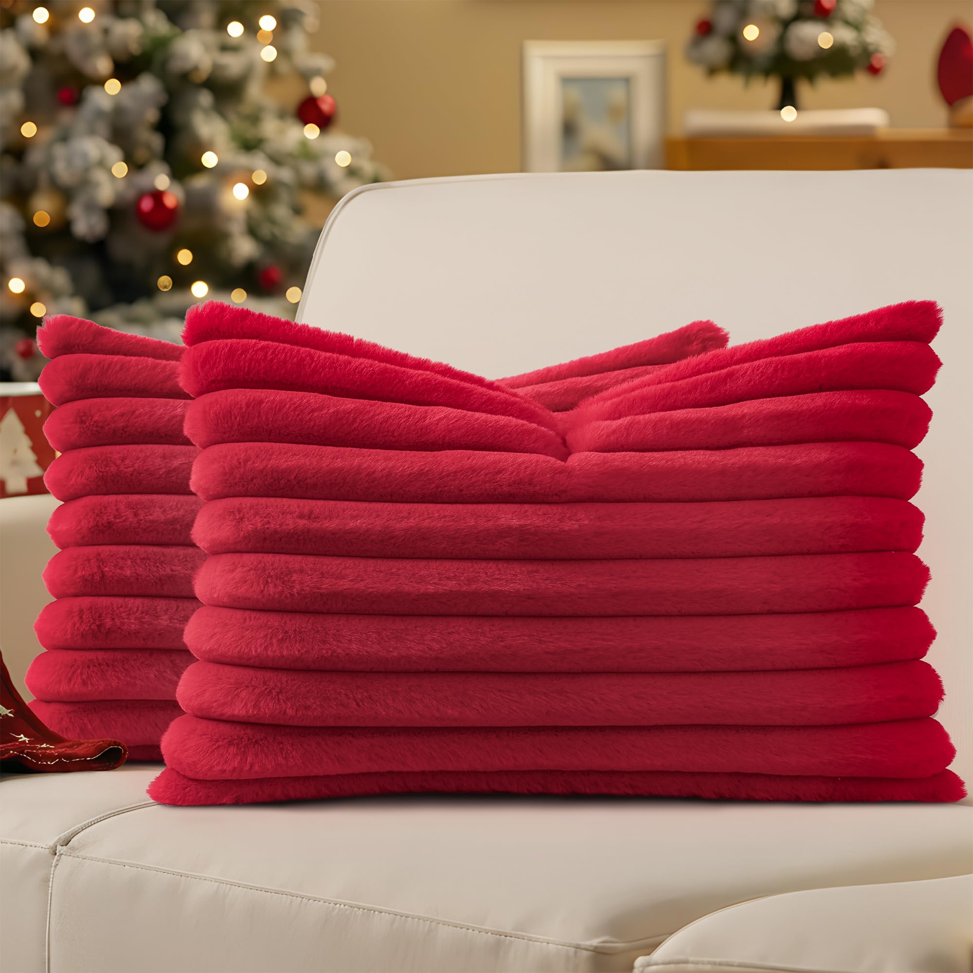 decorUhome Cozy Faux Fur Spring Throw Pillow Covers 18x18 Set of 2 Decorative Soft Plush Striped Modern Farmhouse Boho Couch Pillow Cases with Velvet Back for Sofa Bed Living Room, Cream White