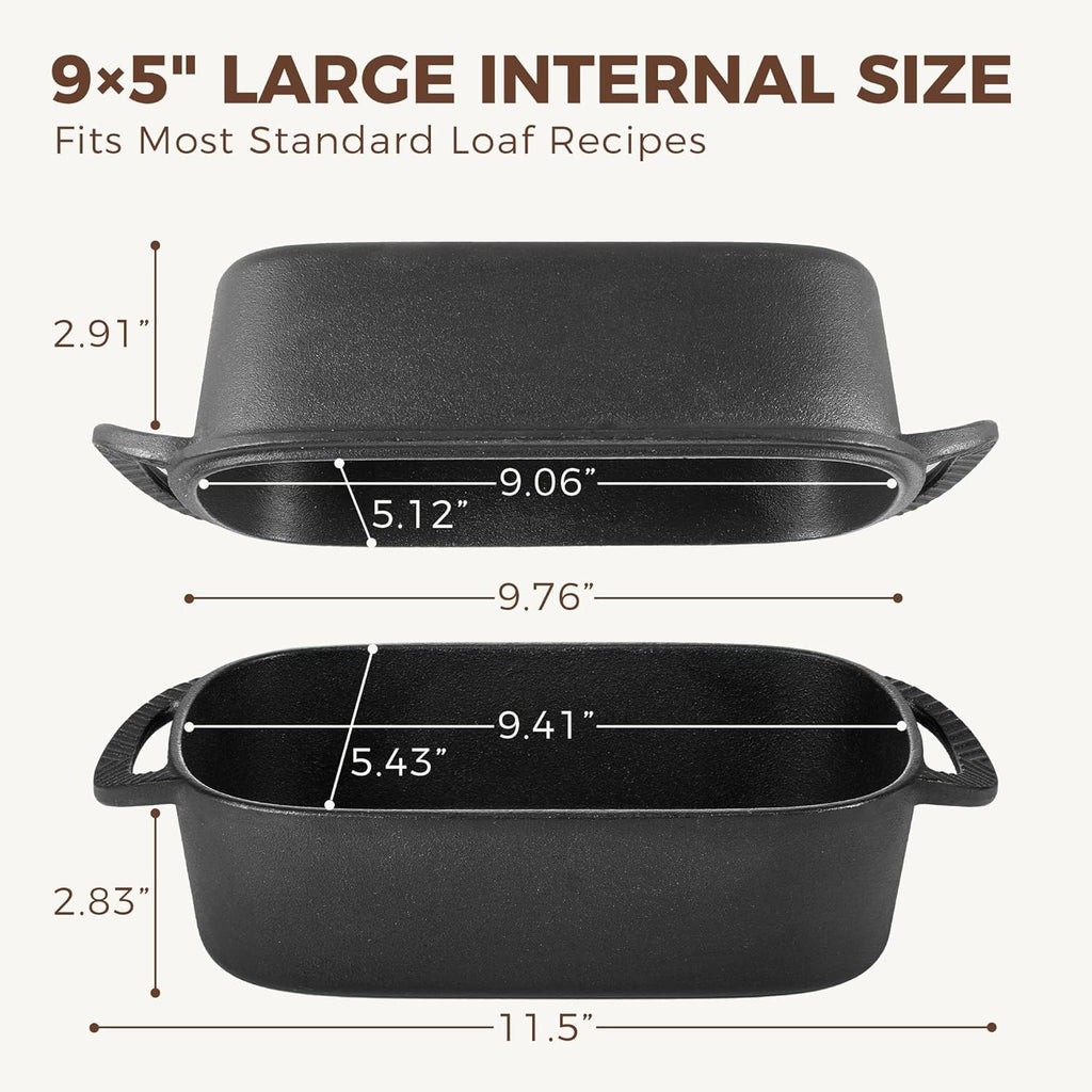 HONGBAKE Everline Collection 2 in 1 Cast Iron Loaf Pan with Lid, 9x5 Bread Pans for Homemade Bread, Pre-Seasoned Nonstick Sourdough Baking Pan, Even Heating Loaf Dutch Oven, Banana Bread Tins