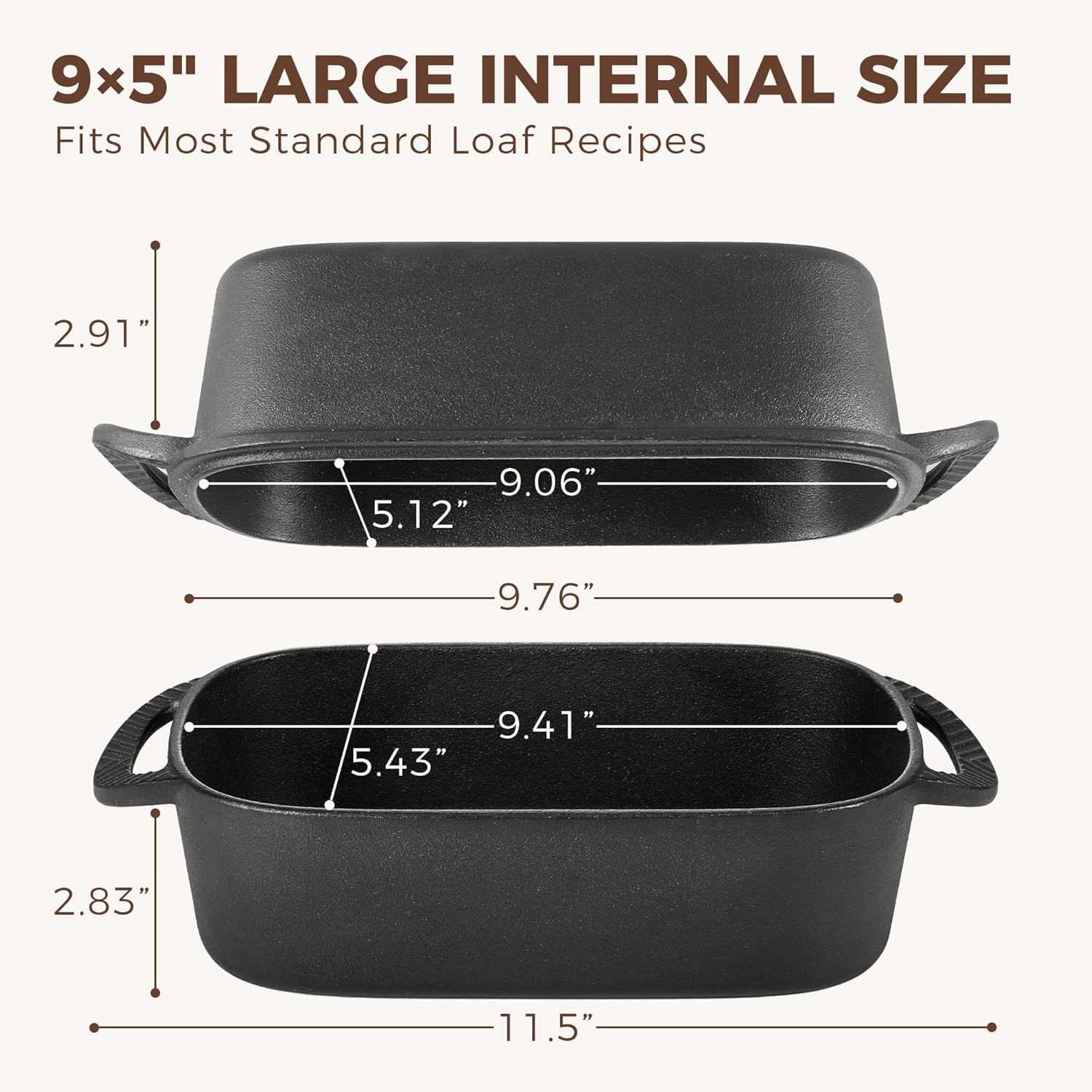 HONGBAKE Everline Collection 2 in 1 Cast Iron Loaf Pan with Lid, 9x5 Bread Pans for Homemade Bread, Pre-Seasoned Nonstick Sourdough Baking Pan, Even Heating Loaf Dutch Oven, Banana Bread Tins