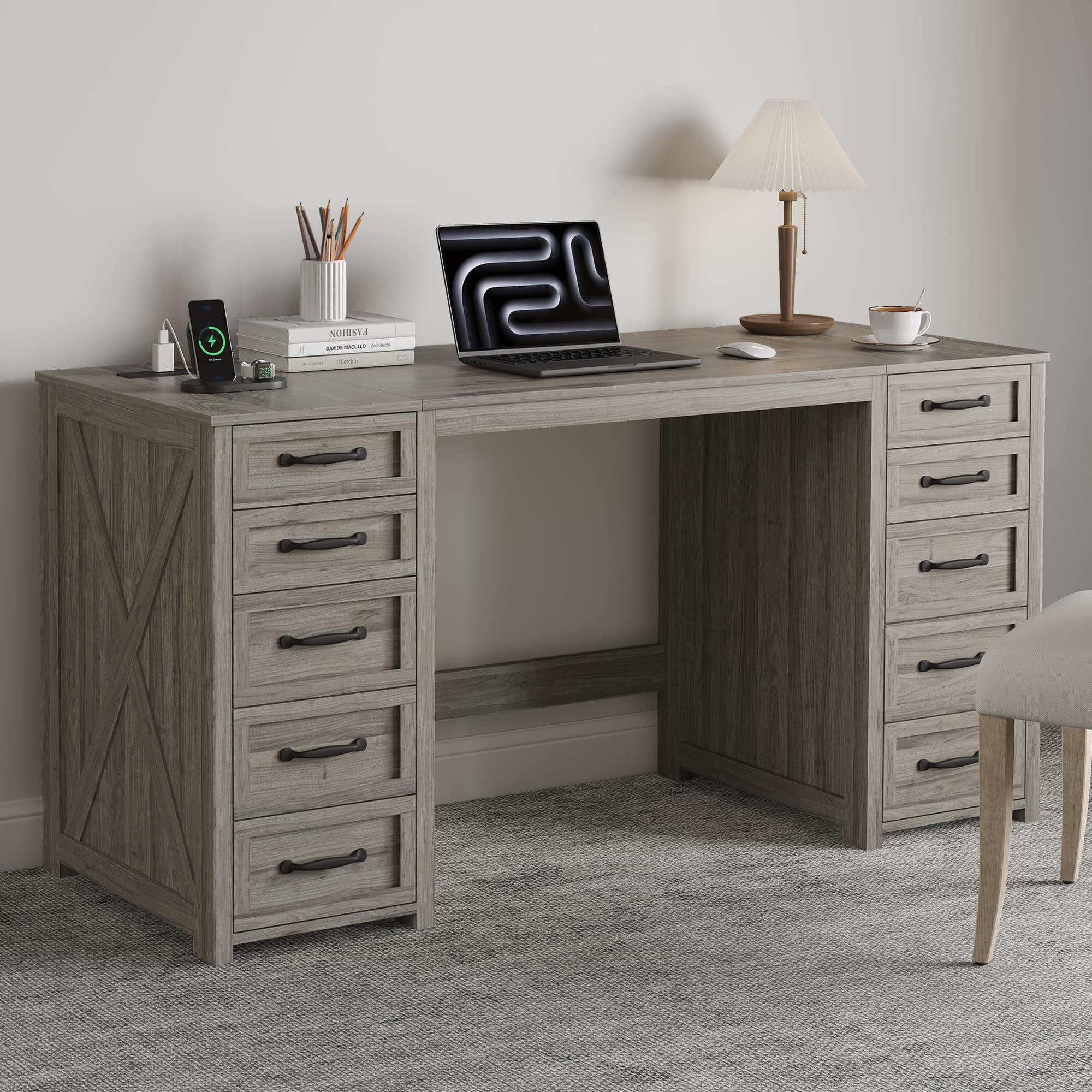 WOPITUES 60" Boho Home Office Desk with 10 Wooden Drawers, Rattan Computer Writing Desk with Power Outlets, Large Executive Desk with Storage Cabinet for Work Study Writing Craft, Black & Brown