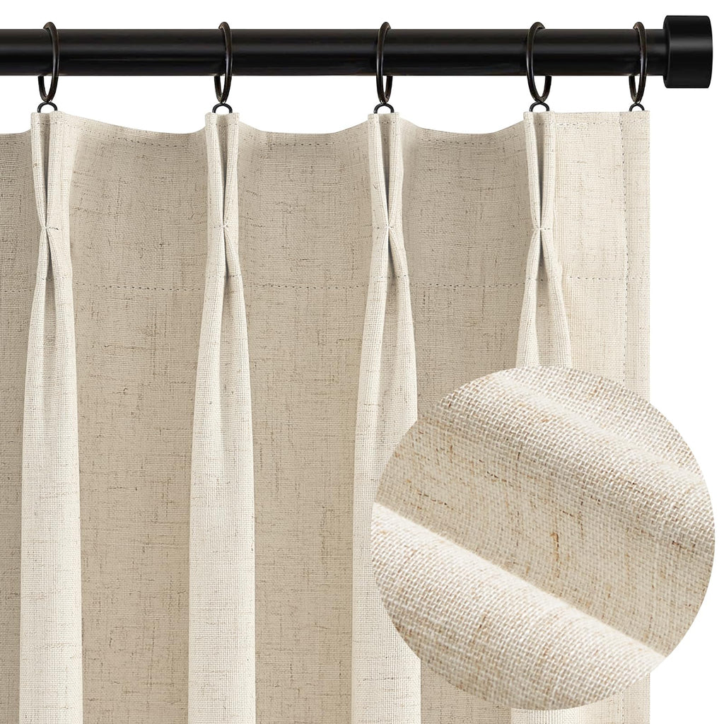 Topfinel Pinch Pleated Curtains 96 Inch Long, 100% Blackout Thermal Insulated Natural Linen Pinch Pleat Viral Drapes with Hooks Rings 2 Panel Sets, Neutral Beige Ivory 8FT Back Tab Window Curtains