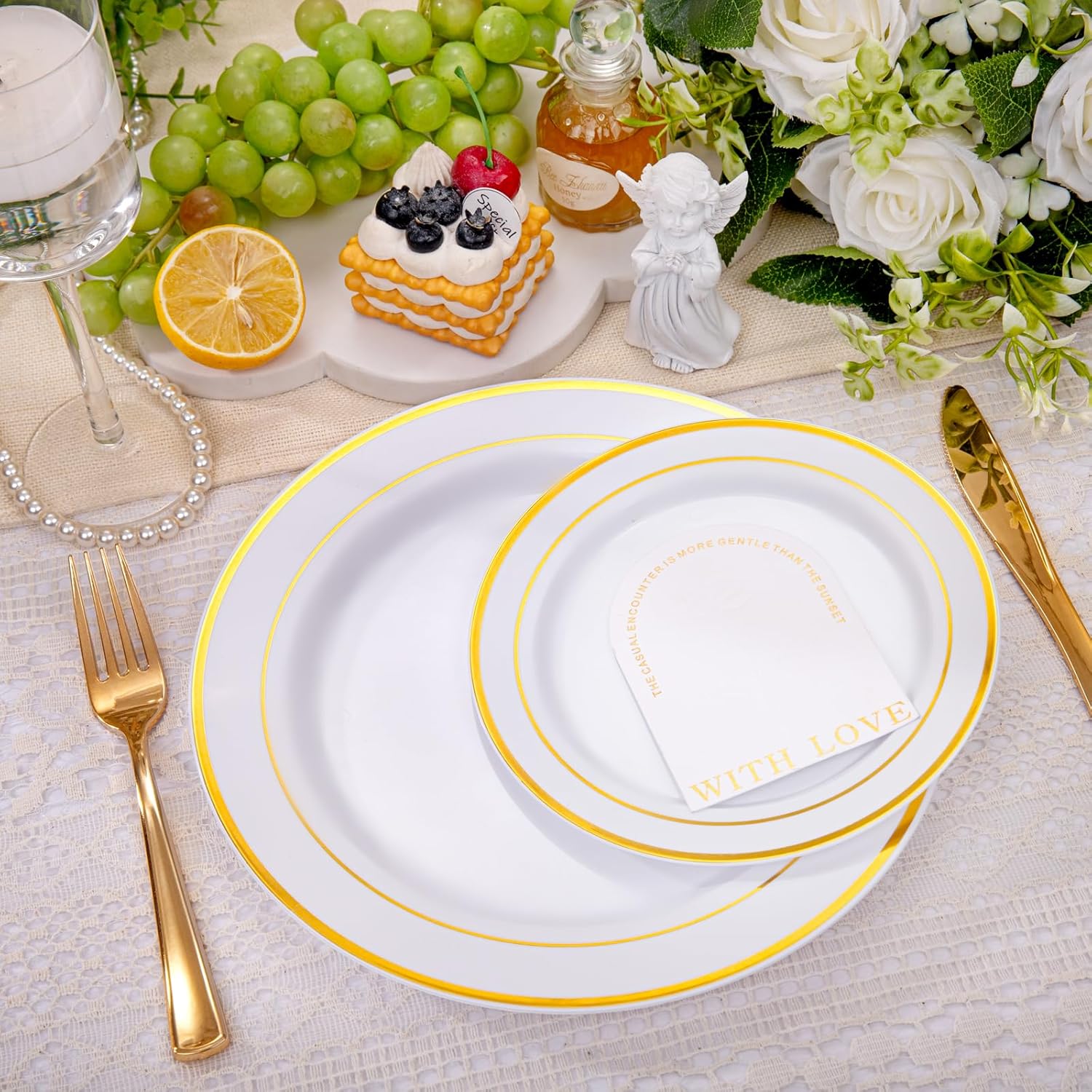 DaYammi 100 Guests Gold Plastic Dinnerware Sets, Includes: 100 Gold Rim Dinner Plates, 100 Salad Plates, 100 Gold Plastic Silverware Set, Perfect for Wedding