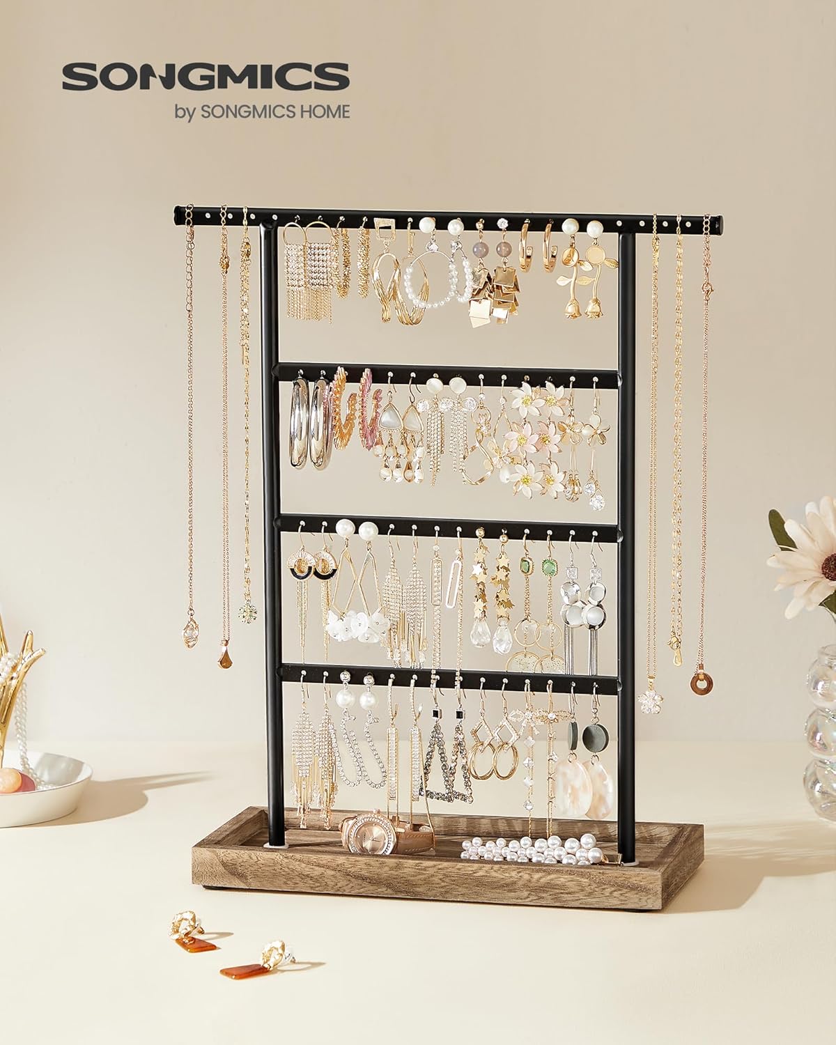 SONGMICS Jewelry Organizer, 4-Tier Earring Holder Organizer Stand with Base Tray, for Studs and Necklaces, Vintage, Wood Color and Black UJJS019B01