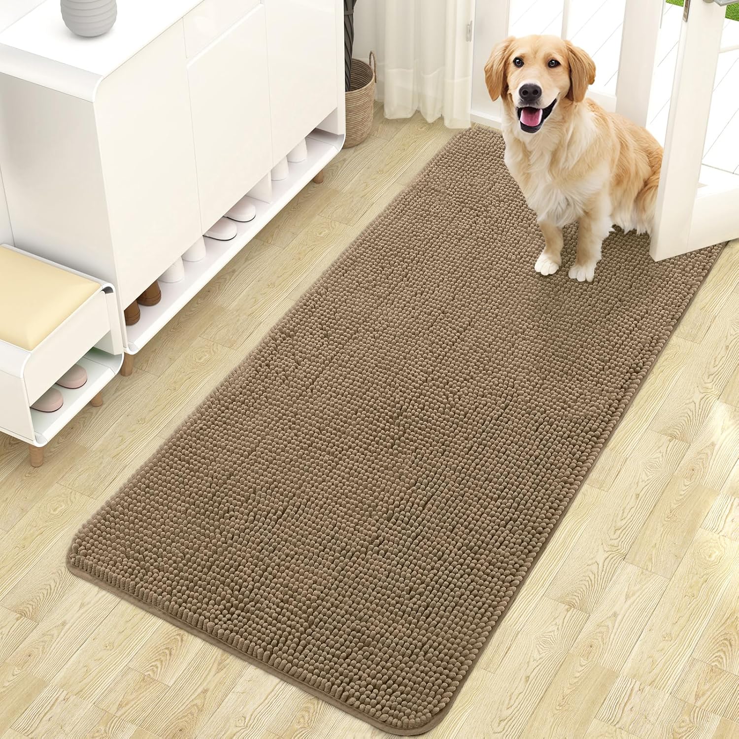 OLANLY Dog Door Mat for Muddy Paws 48x30, Absorbs Moisture and Dirt, Absorbent Non-Slip Washable Doormat, Quick Dry Chenille Mud Mat for Dogs, Entry Indoor Entryway Carpet for Inside Floor, Grey