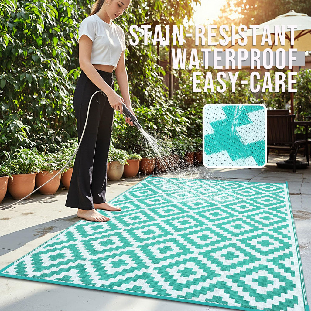OLANLY Waterproof Outdoor Rug 5x8 ft, Outdoor Plastic Straw Rug for Camping, RV Mat Outside, Indoor Outdoor Carpet for Porch, Deck, Backyard, Balcony, Picnic, Black & White