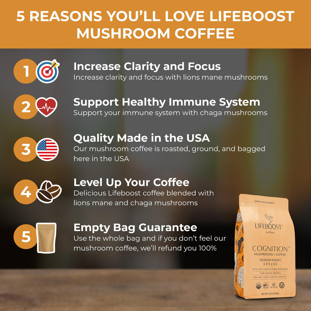 Lifeboost Cognition Mushroom Ground Coffee, Organic Low Acid, 12oz