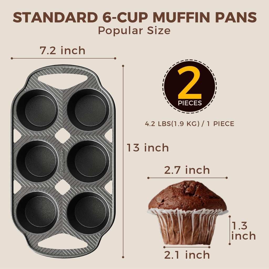 HONGBAKE Everline Collection Cast Iron Muffin Pans, Non toxic Uncoated 6-Cup Muffin Tins, Non-Stick Pre-Seasoned Cupcake Tray Pan Set for Baking, Oven & Stovetop Safe, Standard Size, 2 Pack