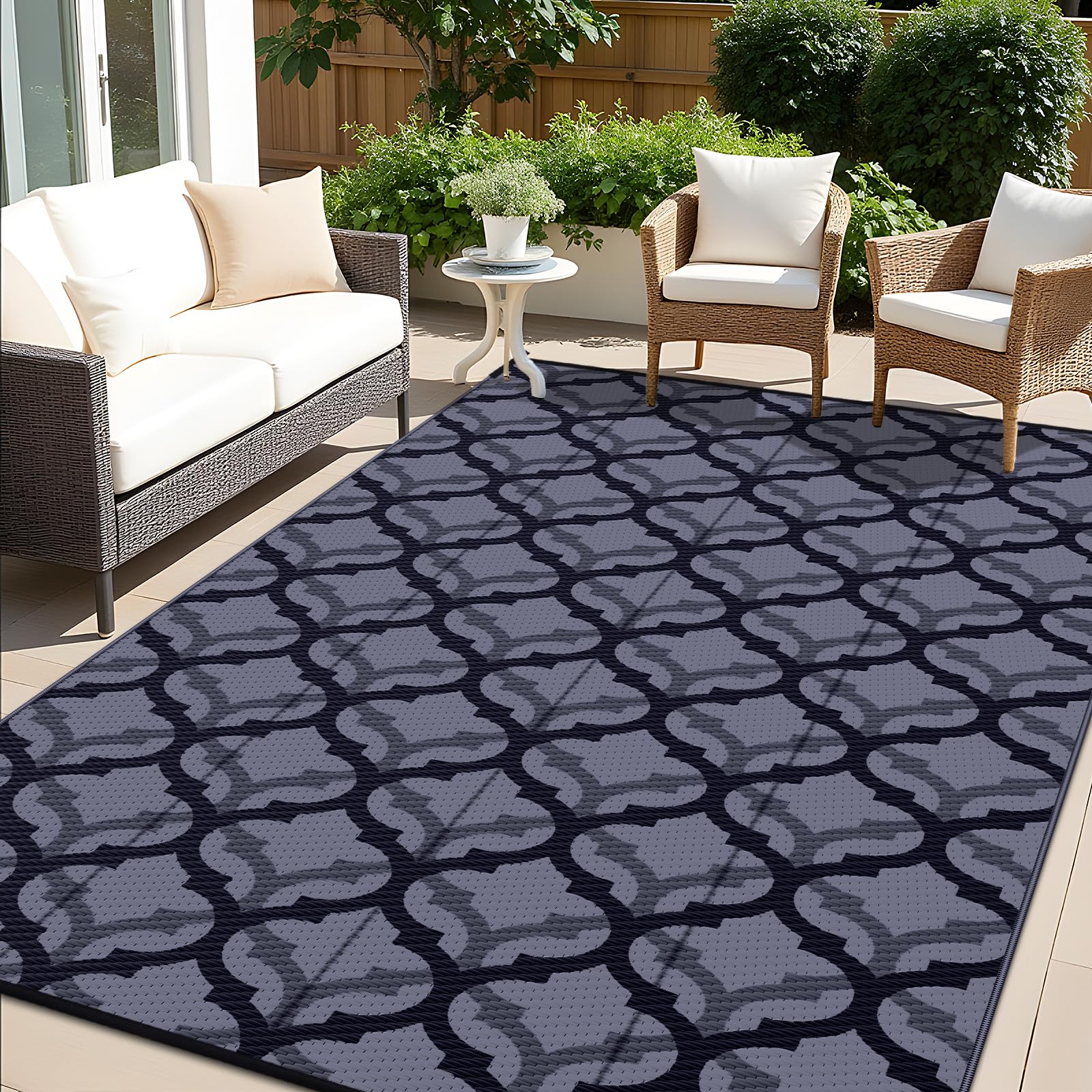 OLANLY Waterproof Outdoor Rug 5x8 ft, Outdoor Plastic Straw Rug for Camping, RV Mat Outside, Indoor Outdoor Carpet for Porch, Deck, Backyard, Balcony, Picnic, Black & White