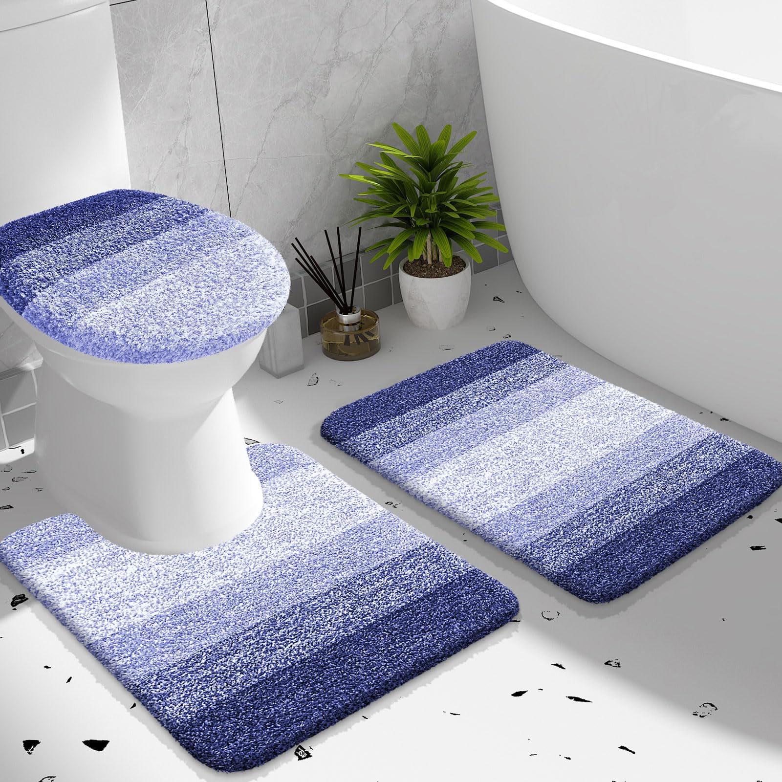 OLANLY Bathroom Rugs Sets 3 piece, Soft Microfiber Absorbent Bath Mat, U-Shaped Contour Toilet Mat and Toilet Lid Cover, Quick Dry, Machine Washable, Toilet Cover and Rug Set for Bathroom, Grey