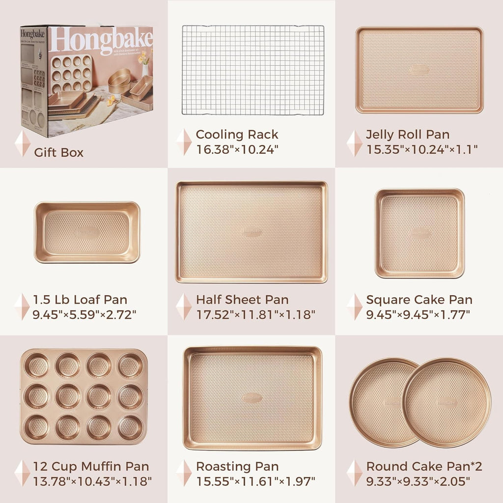 HONGBAKE 9-Piece Baking Pans Set Nonstick, Stackable Non Toxic Bakeware Sets with Diamond Texture, Oven Pan Set for Cooking, Includes Cookie Sheet with Rack, Cake Pan, Roasting Pan, Muffin Tin, Gold