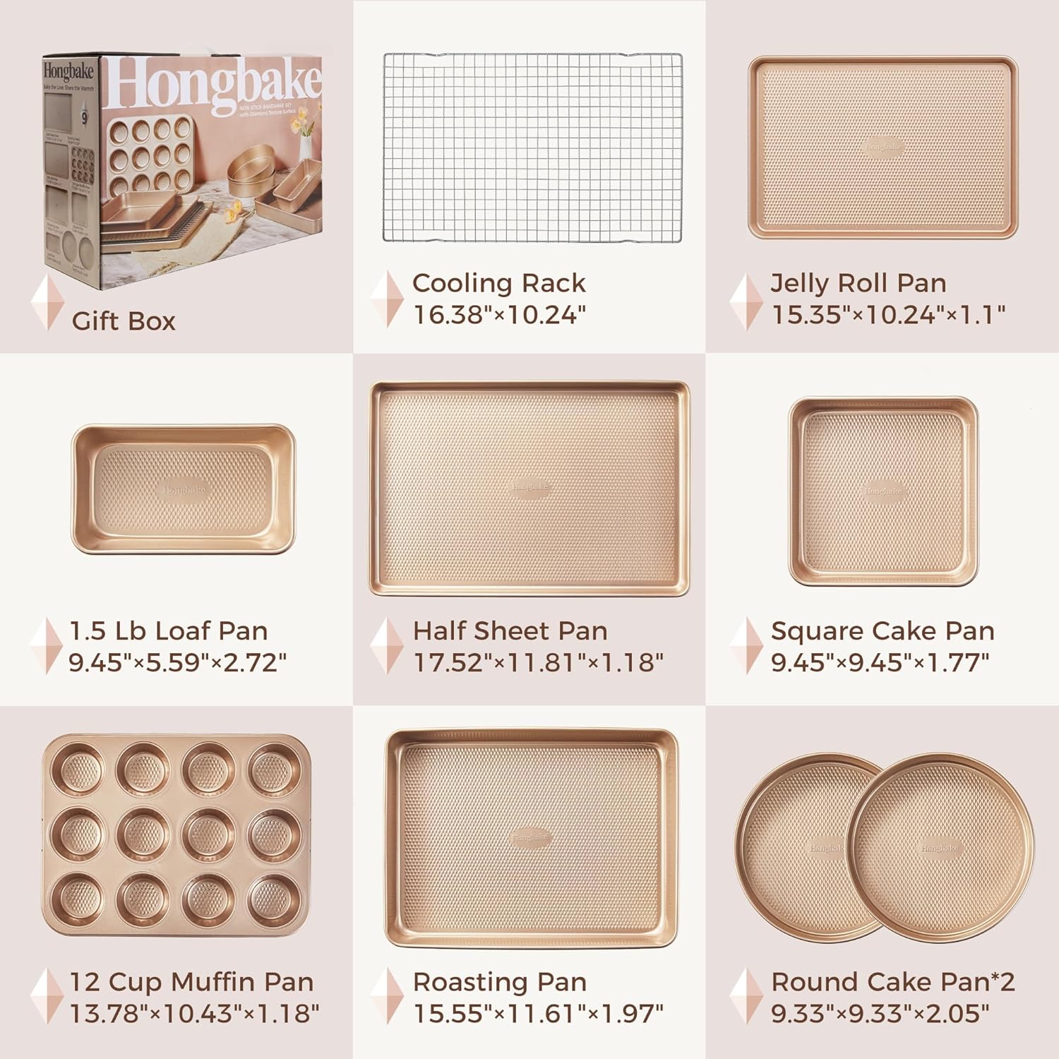HONGBAKE 9-Piece Baking Pans Set Nonstick, Stackable Non Toxic Bakeware Sets with Diamond Texture, Oven Pan Set for Cooking, Includes Cookie Sheet with Rack, Cake Pan, Roasting Pan, Muffin Tin, Gold