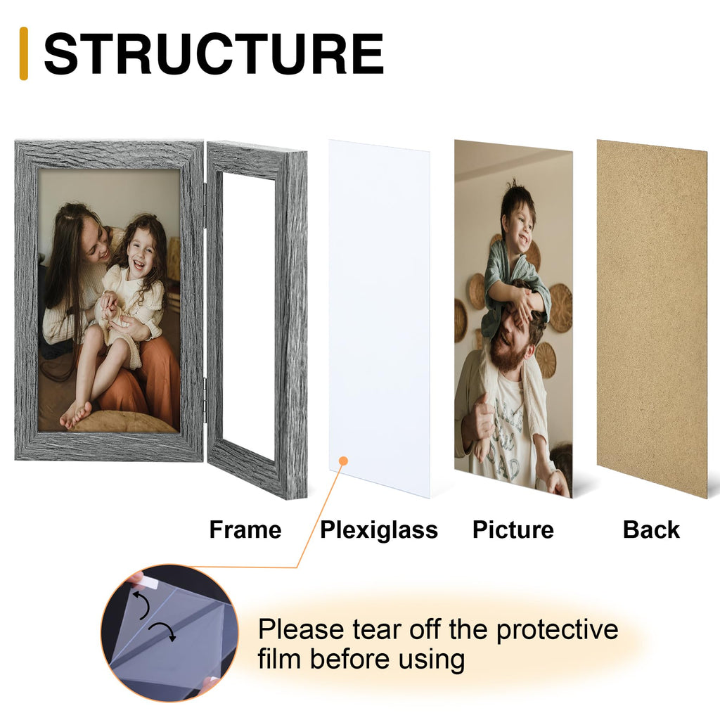 decorUhome Double 4x6 Picture Frame Vertical, Engineered Wood Bifold Photo Frame with Plexiglass for Tabletop Display, 4x6, Black