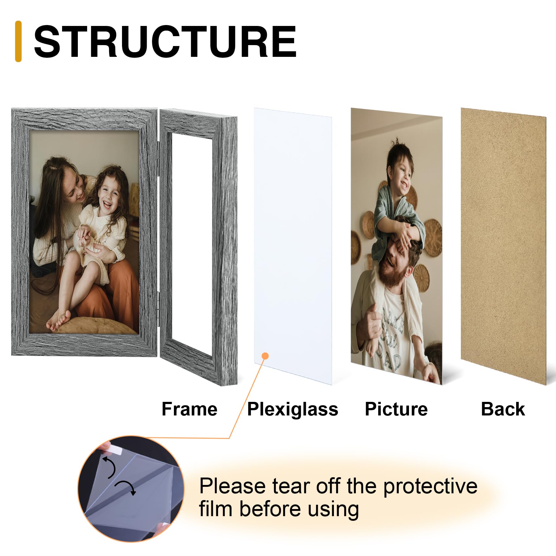 decorUhome Double 4x6 Picture Frame Vertical, Engineered Wood Bifold Photo Frame with Plexiglass for Tabletop Display, 4x6, Black