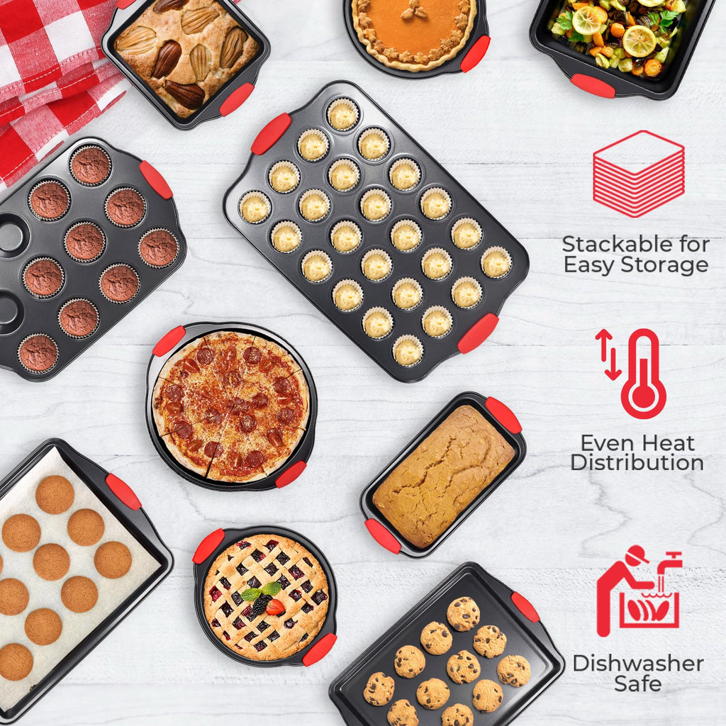 PERLLI Non-Stick 6-Piece Baking Pan Set, BPA-Free Carbon Steel Bakeware Set with Silicone Handles, Stackable Kitchen Oven Set, Cookie Sheet, Baking Tray, Baking Sheet Set, Oven Safe (446°F)