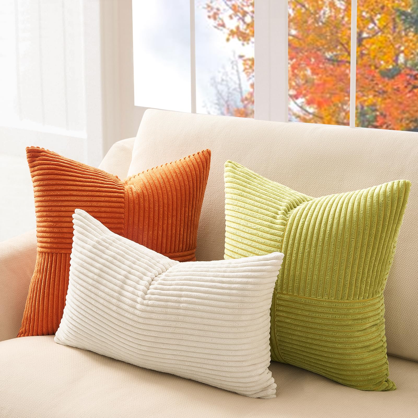 Topfinel SageGreen Throw Pillow Covers 18X18 Inch Set of 4,Boho Farmhouse Cozy Cushion Cover with Corduroy,Soft Accent Forest Green Pillow Covers for Couch,Bed,Living Room Home Decor