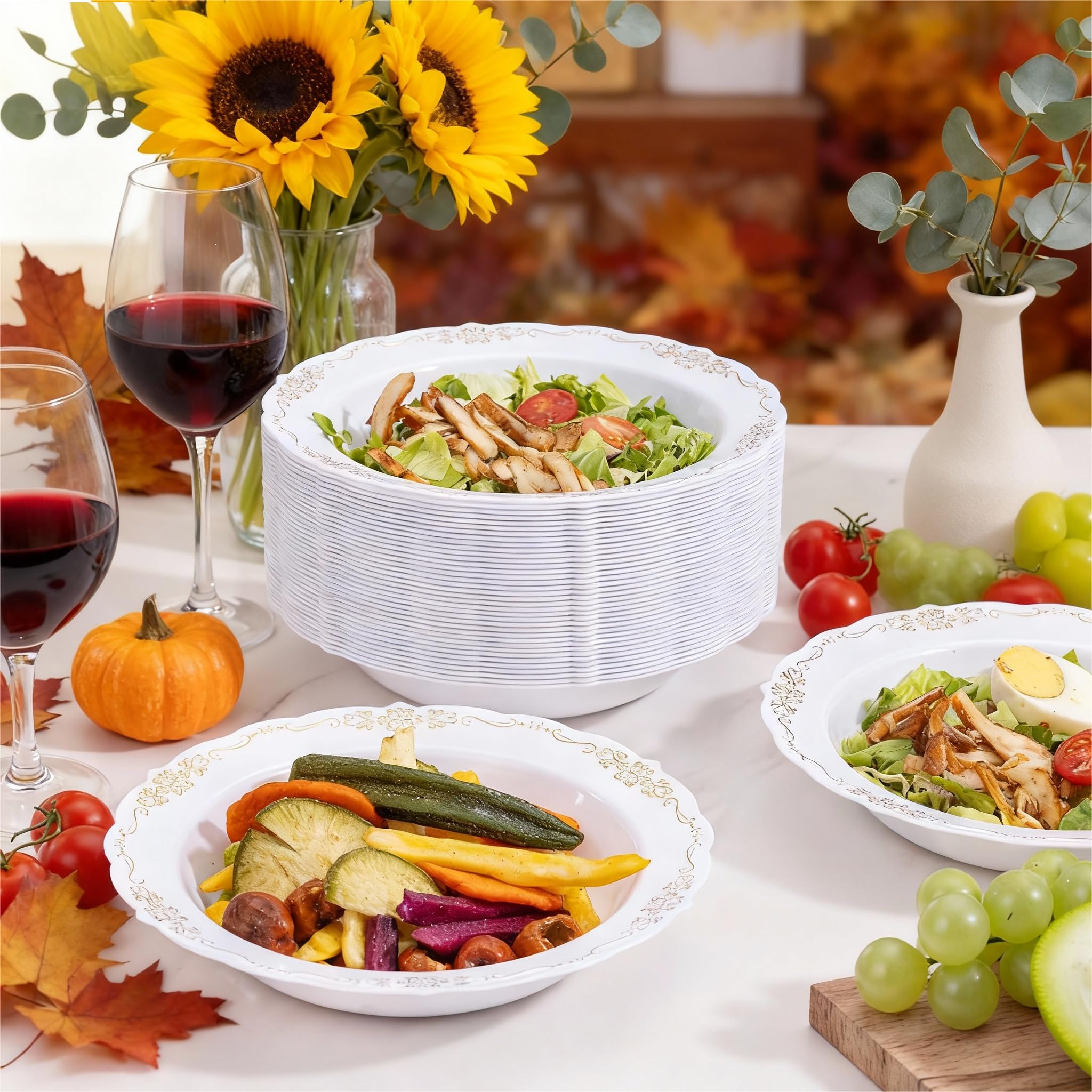 DaYammi 50 Pack White Plastic Bowls, 12oz Disposable Soup Bowls, White bowls Disposable Heavy Duty Dinner Bowls for Weddings, Salad Bowl for Parties, Dinners, Catering and Everyday Use