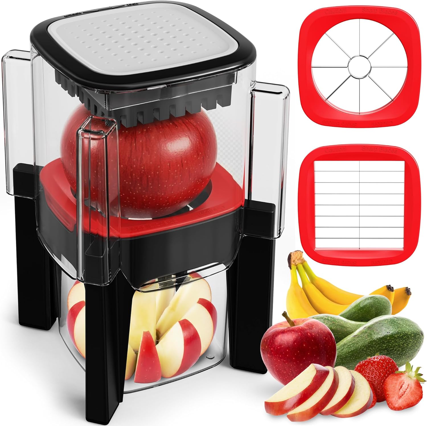 Fullstar Apple Slicer & Corer with Built-In Container – 2-Blade Fruit Cutter, 8 Slices, Includes Strawberry & Soft Fruit Attachments, Heavy-Duty Stainless Steel, Mess-Free Meal Prep