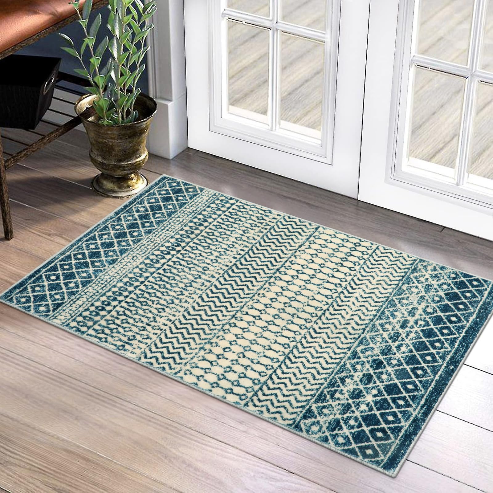 Moroccan Washable Rugs, 2x3 Light Grey Rug Non-Slip Small Distressed Entryway Rugs, Soft Low-Pile Bedroom Rug Indoor Doormat Carpet for Entryway Kitchen Bathroom