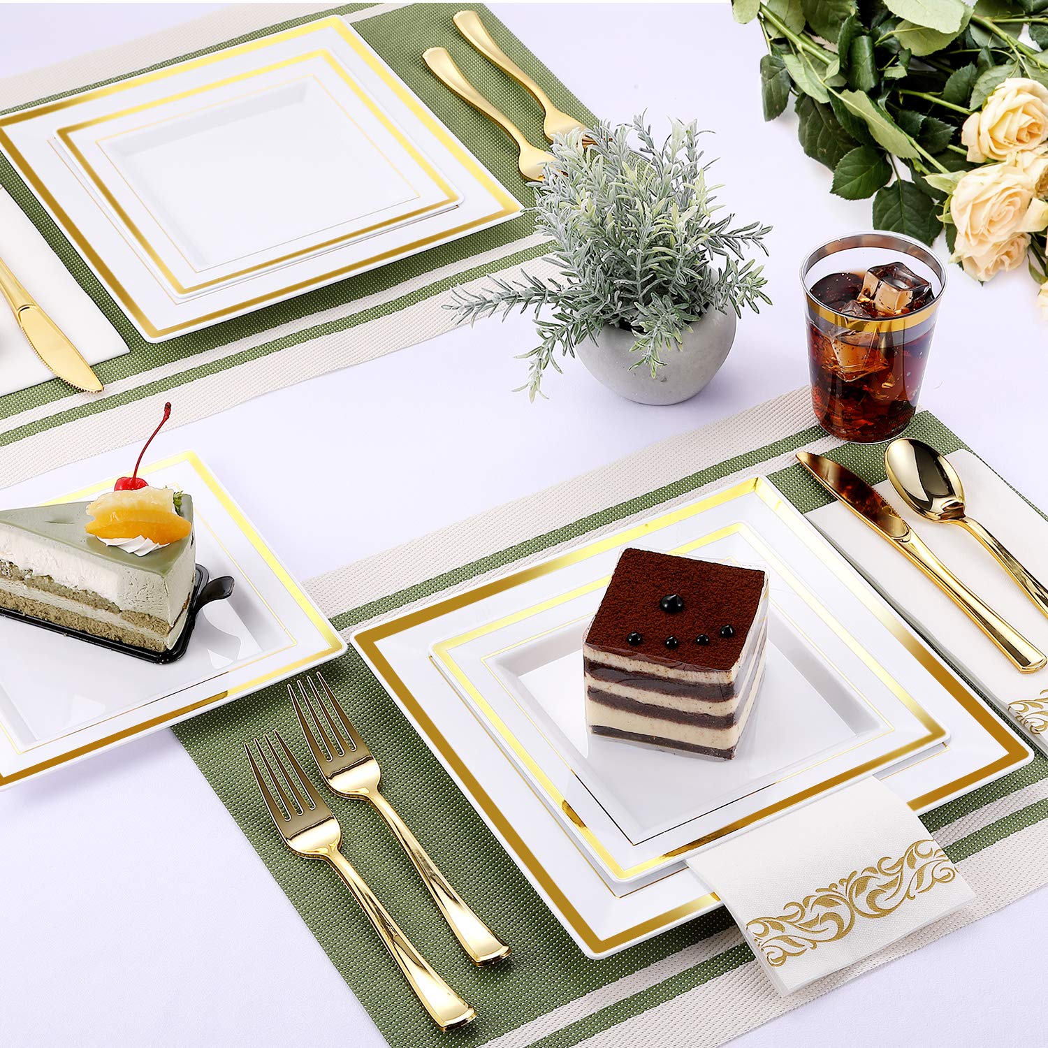 FOCUSLINE 350 Ct Disposable Dinnerware Set for 50 Guests -Heavy Duty Plastic Plates with Gold Rim, Includes 50 Dinner & Salad Plates, Cups, Napkins, Cutlery Set