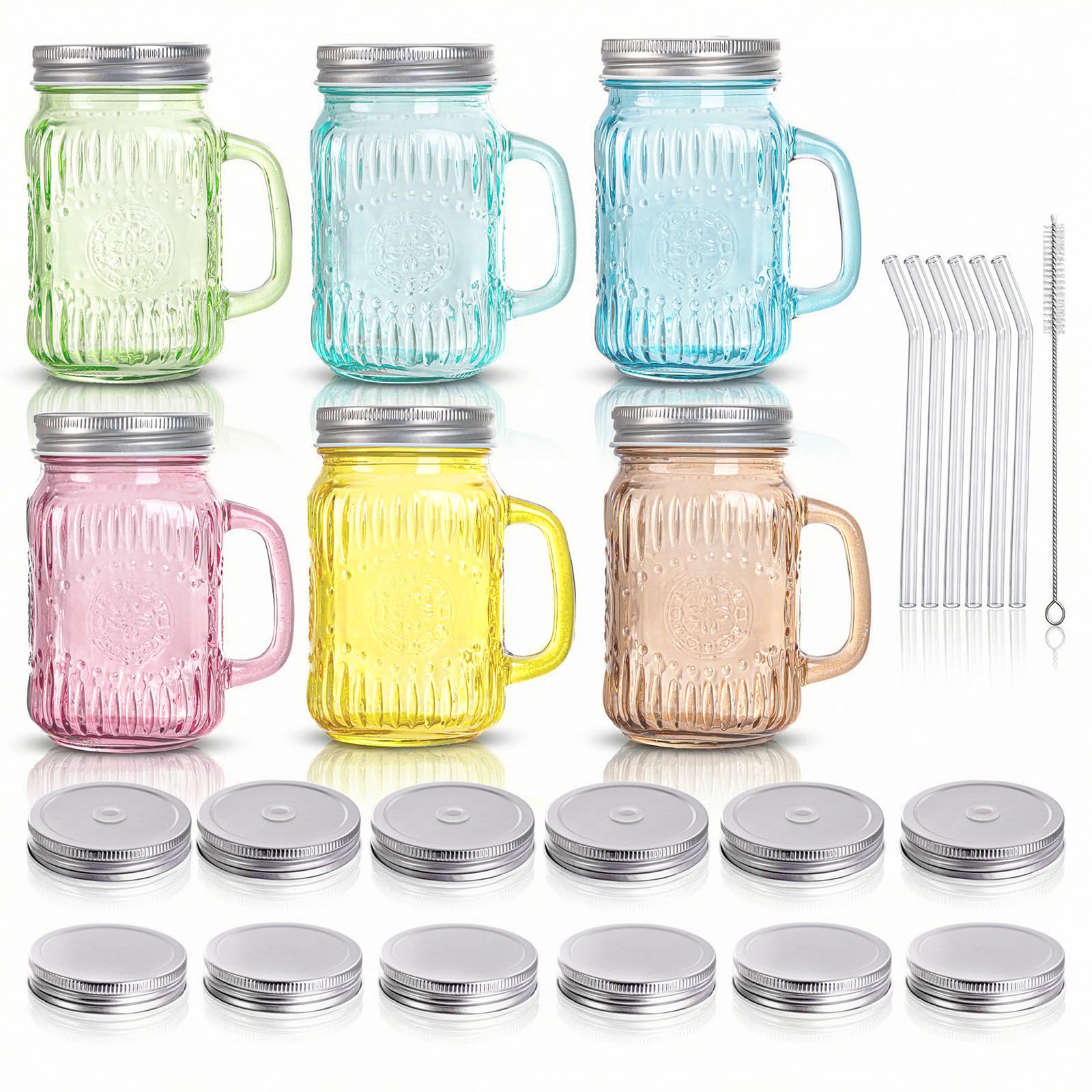 DaYammi Mason Jars with Lids and Straws, 6 Pack 16 Oz Glass Cups for Cold Beverages, Juice, Smoothies, Iced Coffee, Cocktails Leak-Proof Drinking Glasses with Sealed & Straw Lids, Colorful