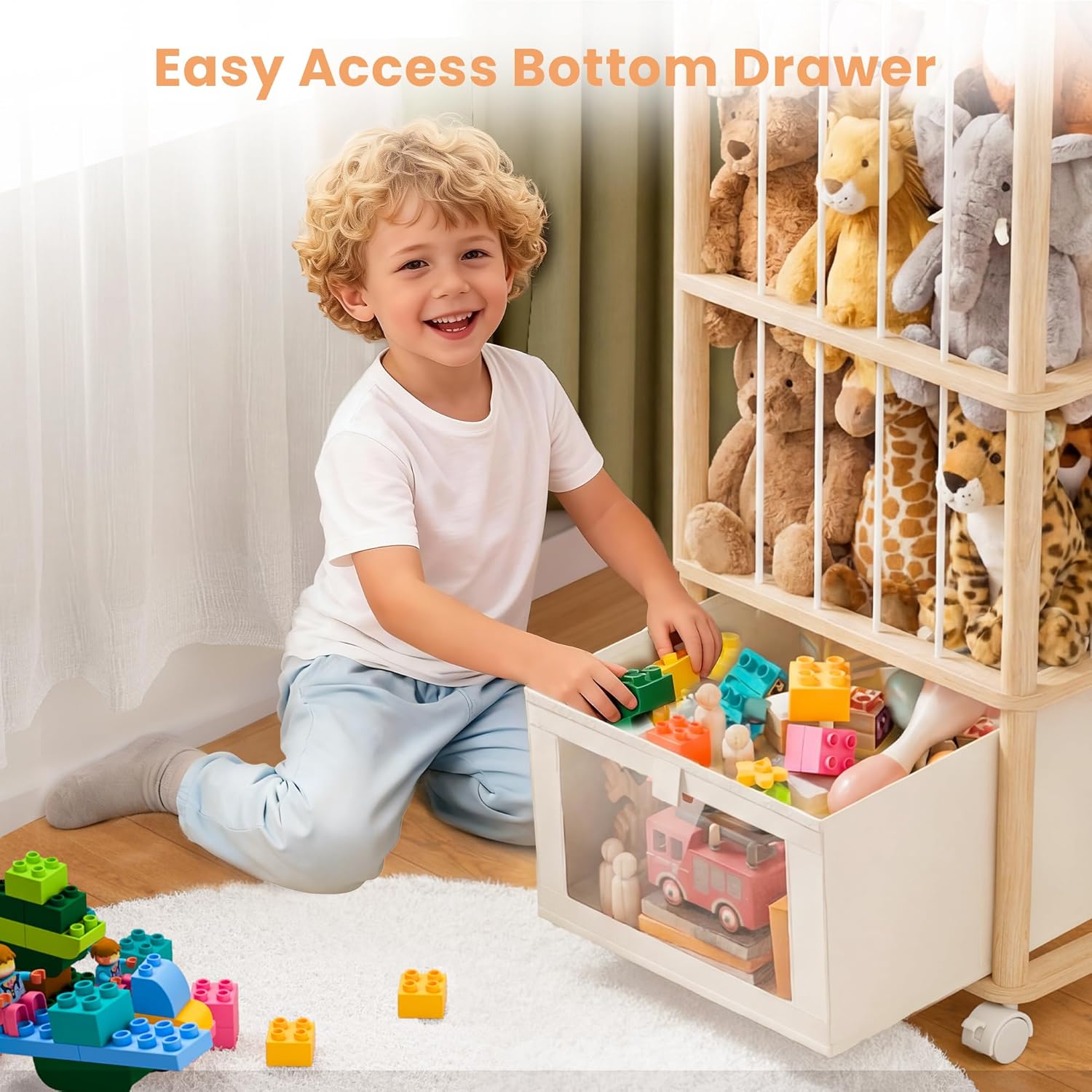 upsimples 58in Stuffed Animal Storage with Drawer and Wheels, Solid Wood Large Capacity Plushies Holder & Toy Organizer for Nursery, Kids Bedroom Corner and Play Room
