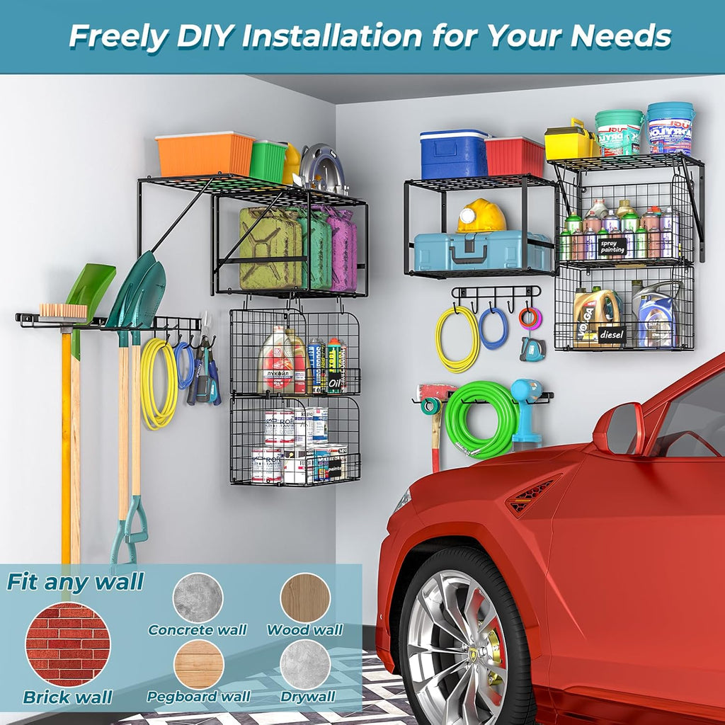 ThreeHio Garage Shelf Wall Mounted with Wire baskets, Heavy Duty Garage Wall Shelving with Garden Tool Rack and Hooks, Wire Shelf Baskets Tool Organizer for Home Garden Yard Organization and Storage